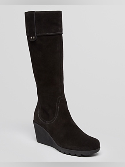 La Canadienne Black Knee High Suede Buckle Accent Side Zip Wedge Boot Sz 7